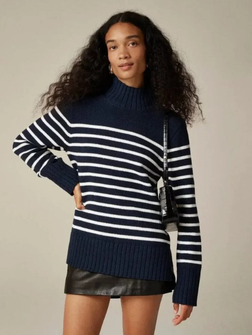 NWOT J. Crew Cotton Turtleneck Sweater Navy White Stripe Coastal Preppy Sz Large